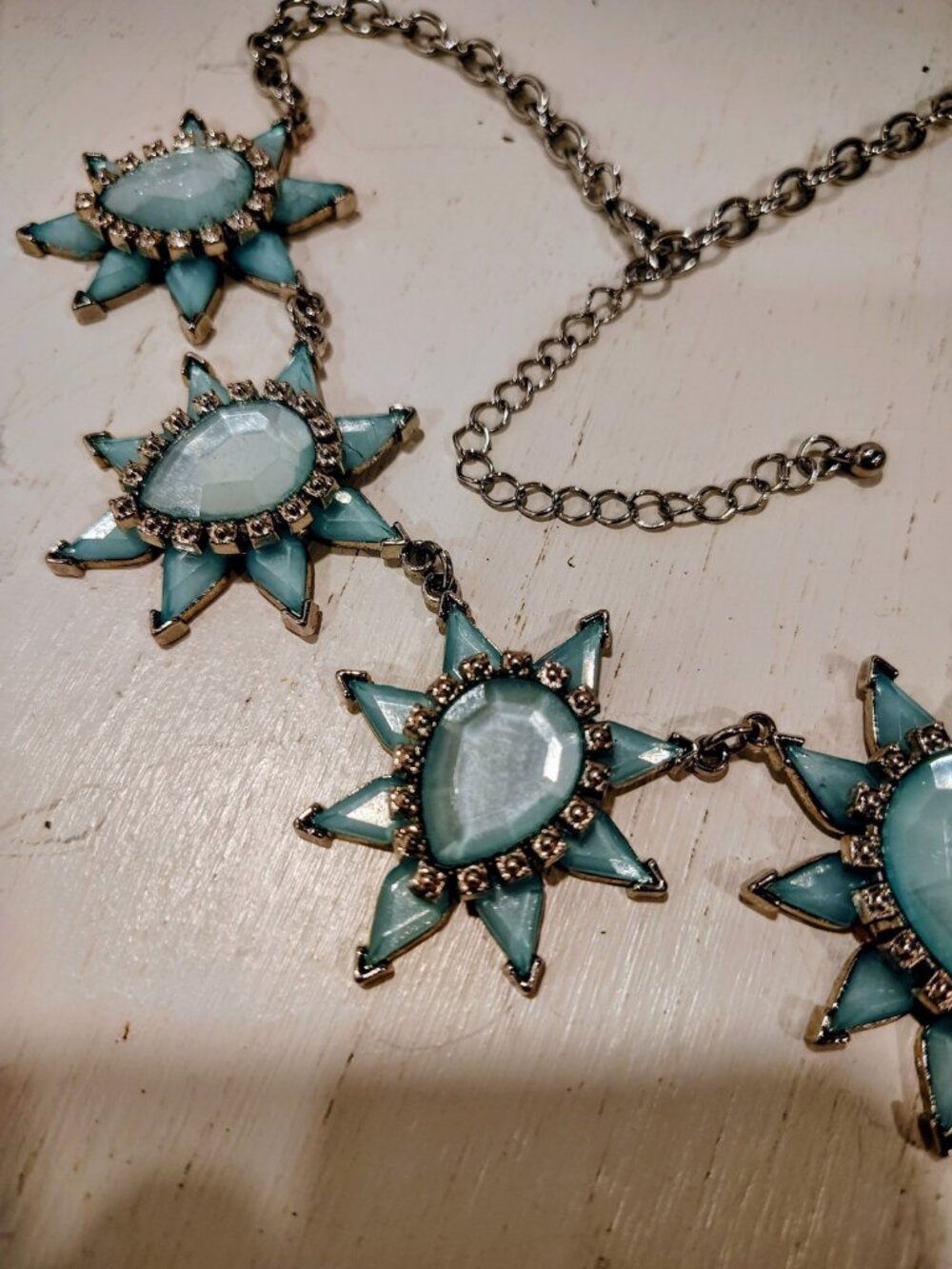 Aqua Blue Jeweled Gypsy Starburst Silver Necklace, Boho, Statement, EUC - Picture 6 of 10